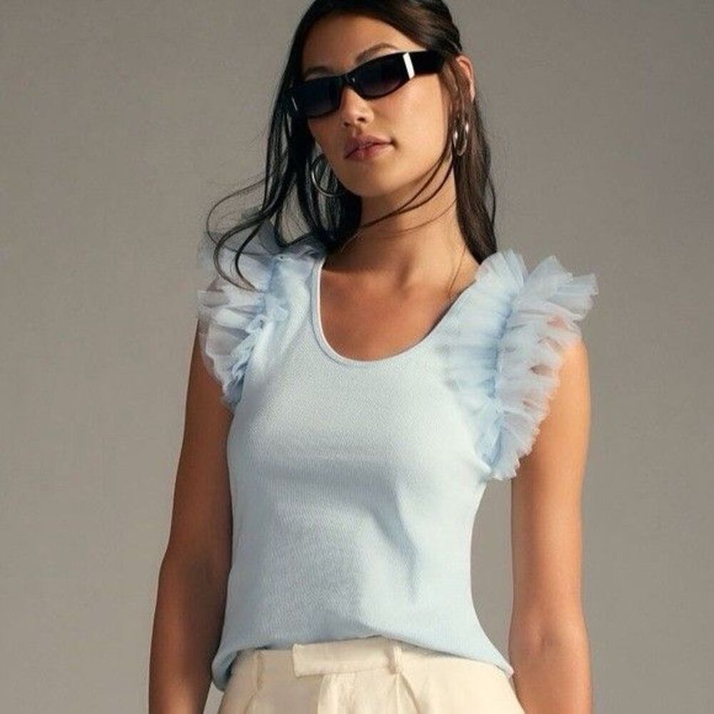 Anthropologie‎ Dolan NWOT Size L  Tulle Ruffle Sleeve Tank Blue Ribbed Knit